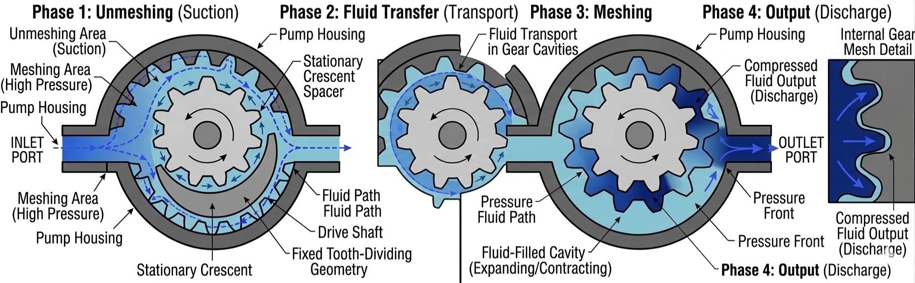 Internal Gear Pump Working Phases - Suction, Transport, Discharge