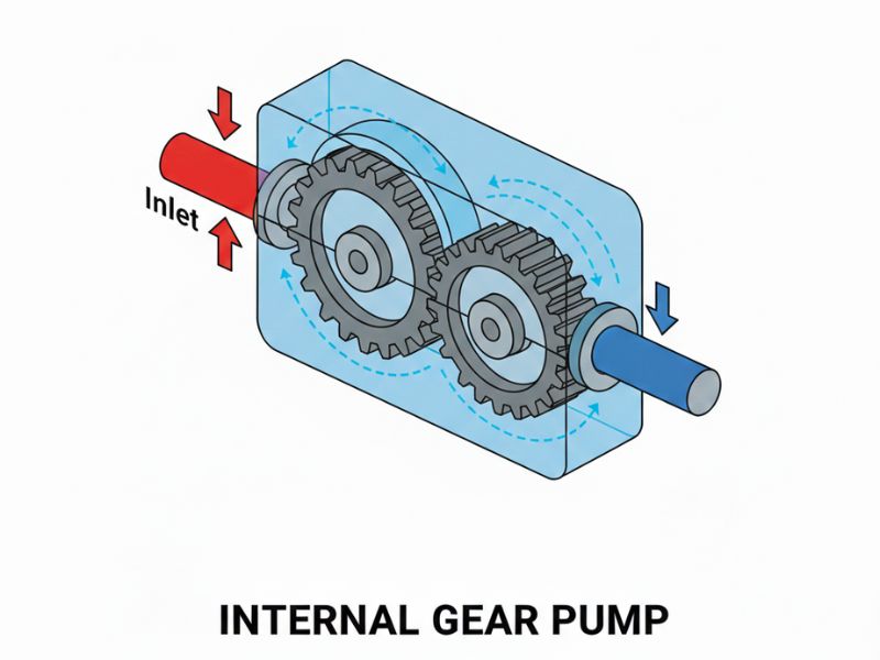 Internal gear pump diagram showing rotor, idler, and crescent